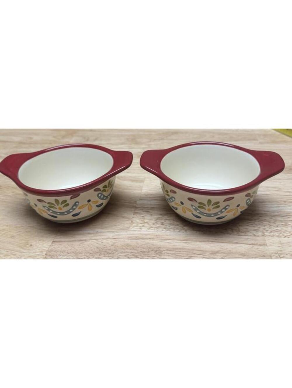 2 Bobby Flay Sevilla 4" Lugged Handles Fruit Dessert Sauce Bowls Retired Red Rim